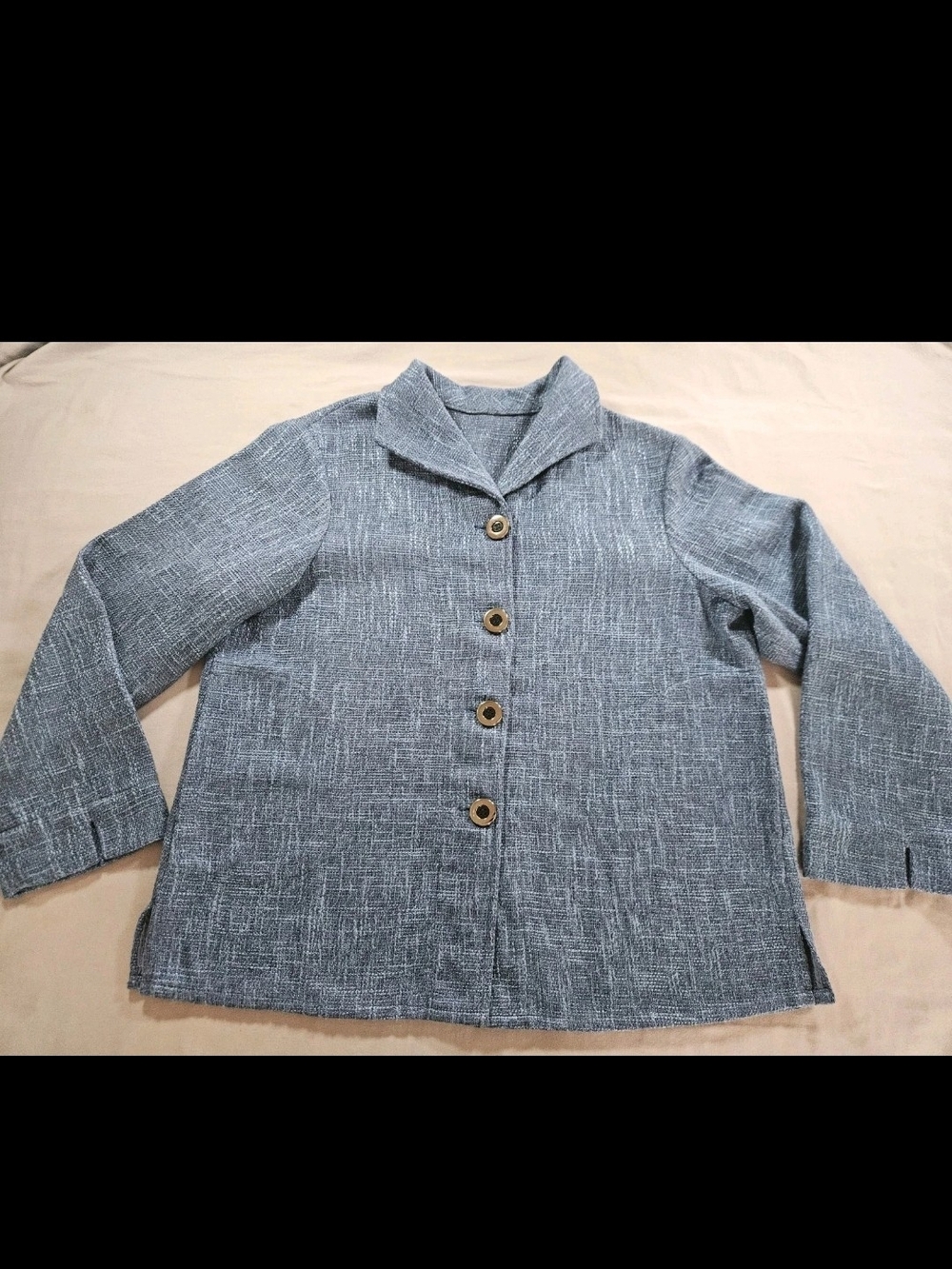 Casual Blue Linen Blend Textured Button-Front Blazer Jacket with Pockets
